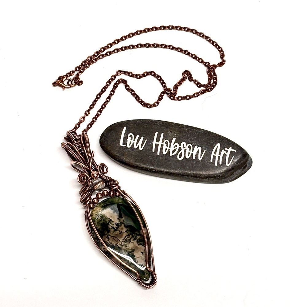 HANDMADE MOSS Agate & Clear Quartz Hand Wrapped Copper Statement Necklace, Gift - Picture 9 of 10
